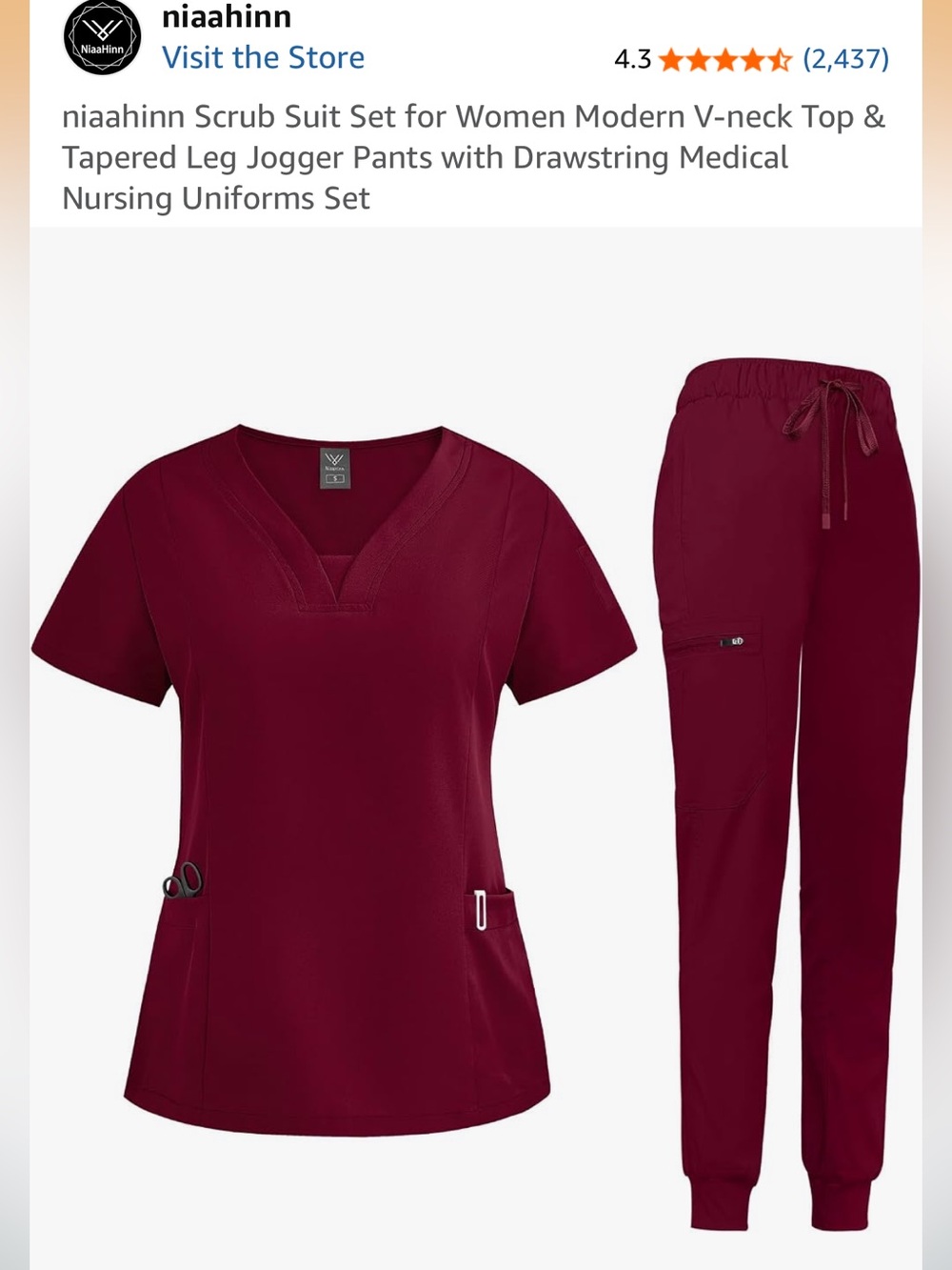 Niaahinn Women's V-Neck Scrub Top & Jogger Pants - Burgundy NWOT